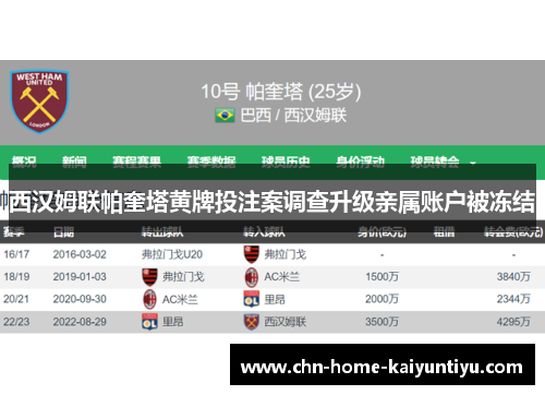 西汉姆联帕奎塔黄牌投注案调查升级亲属账户被冻结